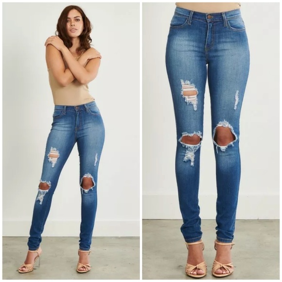 Denim - Destroyed Ripped Mid Rise Stretch Skinny Jeans